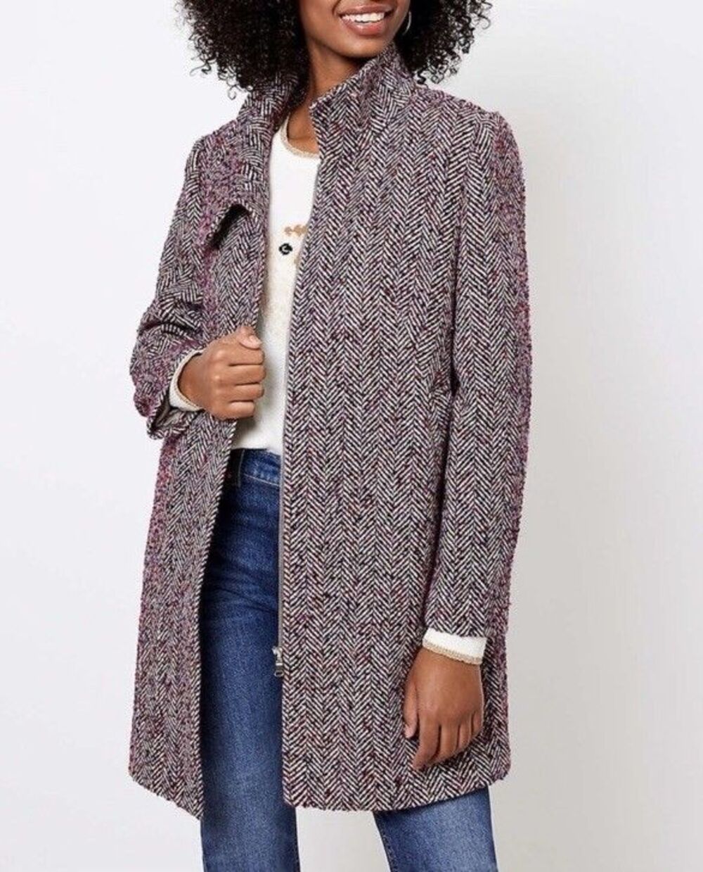 LOFT Multicolor Herringbone Overcoat Button High Collar Pockets Women's Sz XXSP